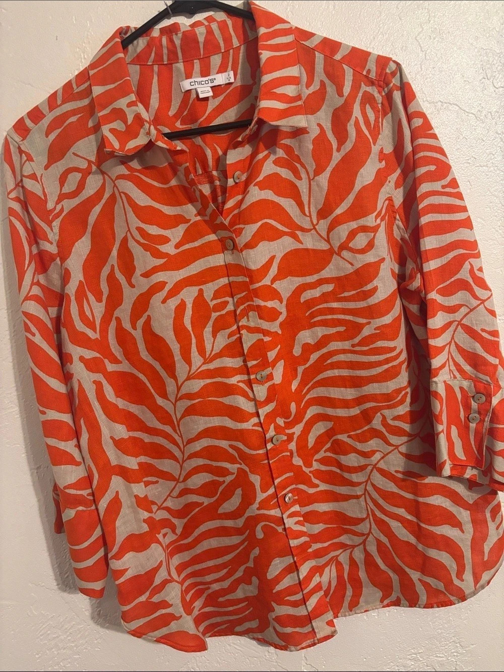 Chico's Linen Printed Shirt Orange & White Size 2 (US 12)